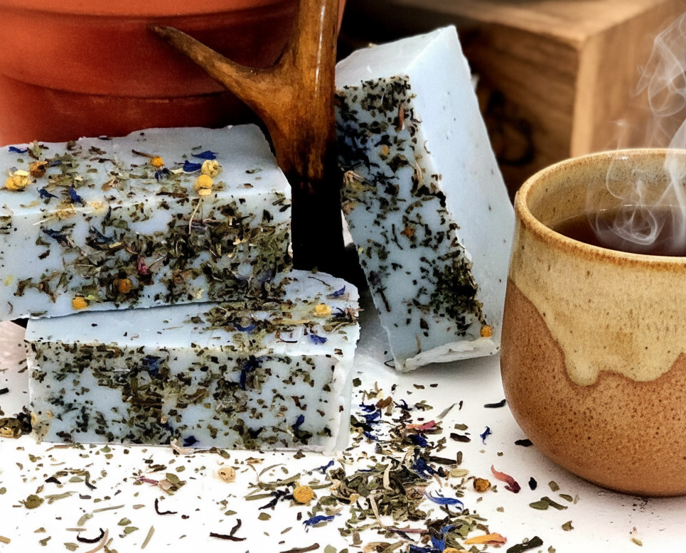 Several rectangular bars of handmade soap with dried herbs and flowers embedded in them are arranged on a white surface, with a ceramic mug of tea and a wooden pot in the background.