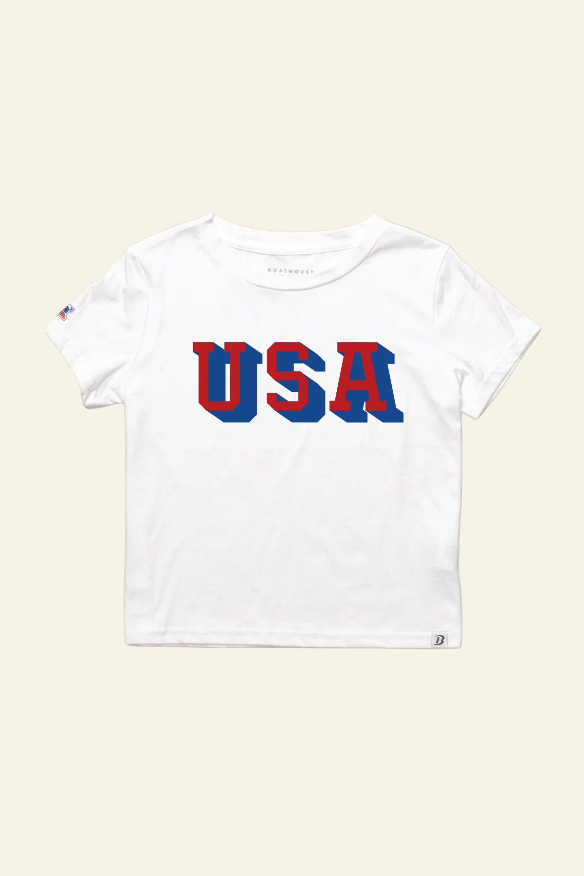 A white short-sleeve t-shirt with &