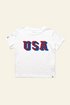 A white short-sleeve t-shirt with &