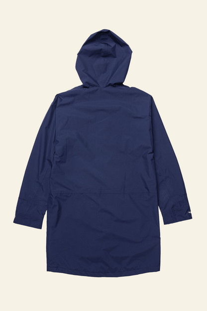 Navy blue raincoat on a white background