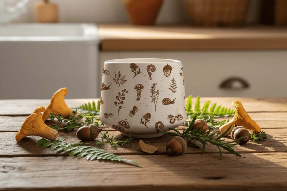 Ceramic bowl with brown botanical patterns on a white background