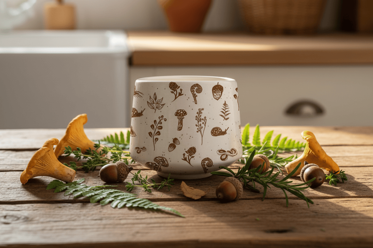 Ceramic bowl with brown botanical patterns on a white background