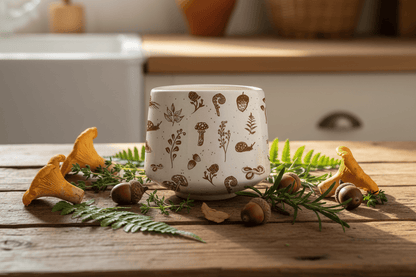 Ceramic bowl with brown botanical patterns on a white background