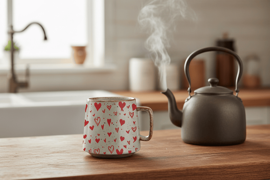 Ceramic mug with red heart pattern on a white background